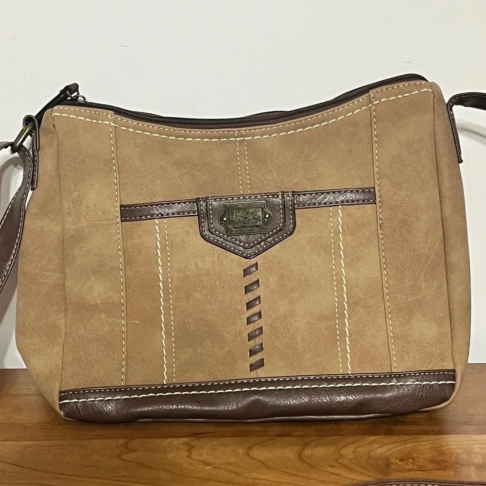 BOC Born Concept Crossbody Bag‎ Tan Faux Suede Brown Trim Stitched Messenger Bag